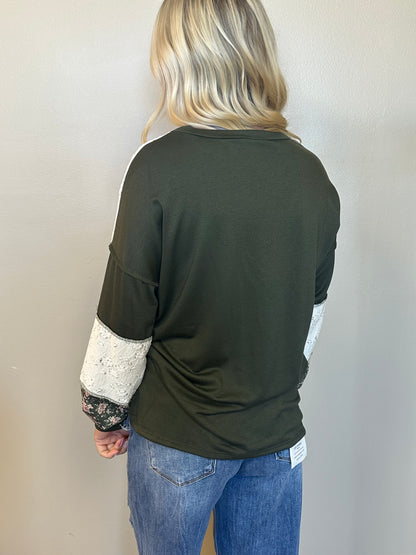 Olive Floral & Lace Patchwork Color Block Top