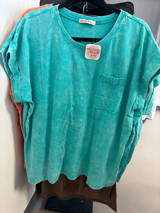 Zenana Cropped Sleeve Comfort Tee - Washed Teal
