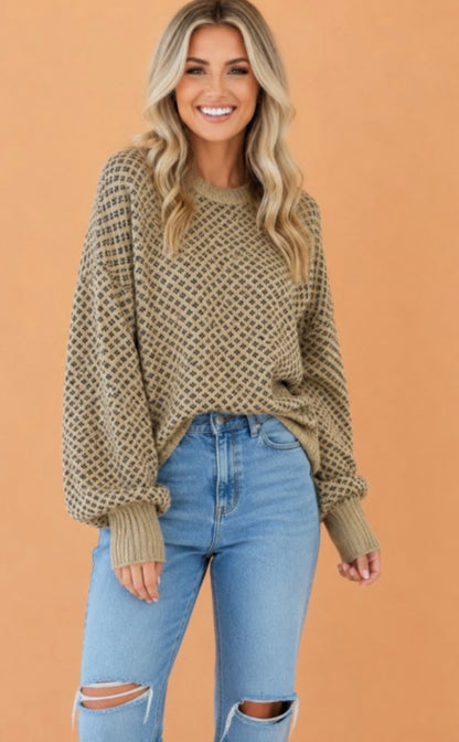 Geometric Reverse Seam Ribbed Trim Drop Shoulder Sweater