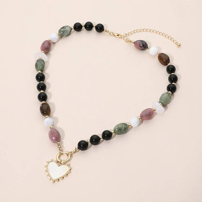 Heart Pendant Ring Accent Mixed Bead Necklace: Brown