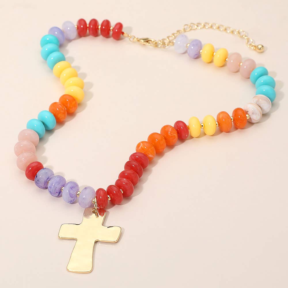 18K Gold Dipped Hammered Cross Plate Pendant Chunky Resin Disc Beaded Necklace: Fuchsia,Gold
