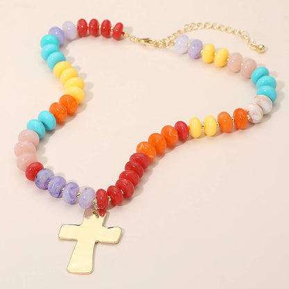 18K Gold Dipped Hammered Cross Plate Pendant Chunky Resin Disc Beaded Necklace: Fuchsia,Gold