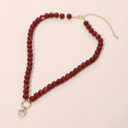 Round Stone Bezel Charm Pendant Beaded Necklace: Blue