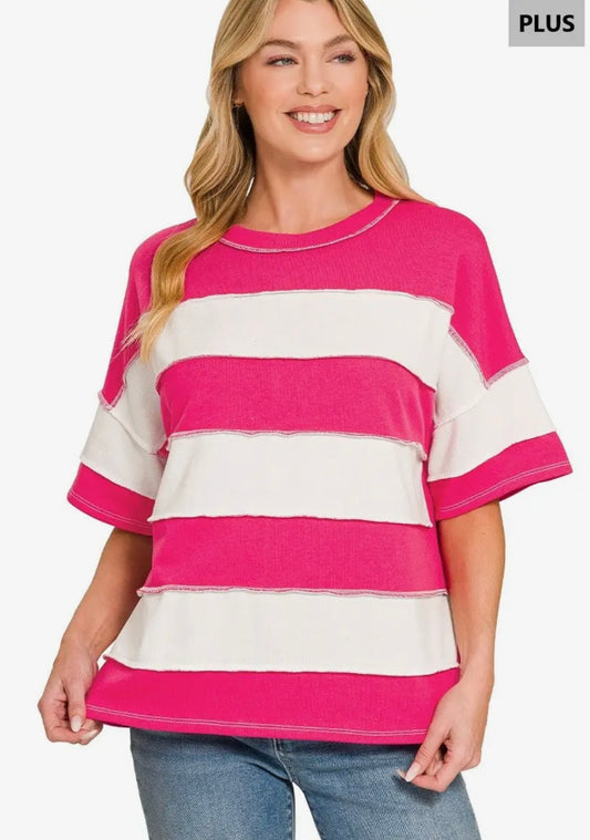 Plus Zenana-French Terry Striped Exposed Seam Top-Pink