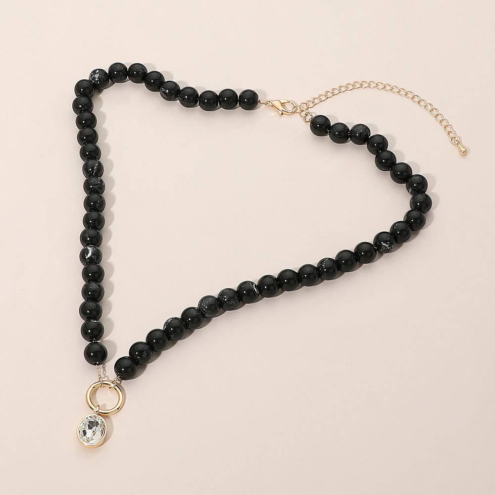 Round Stone Bezel Charm Pendant Beaded Necklace: Multi