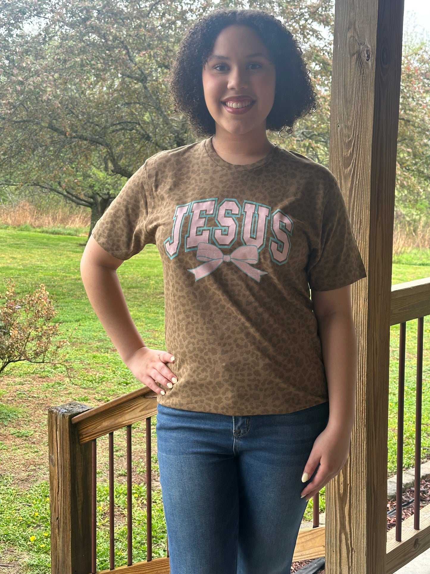 Jesus - Pink with Blue Outline and Bow - Leopard Bella Tee
