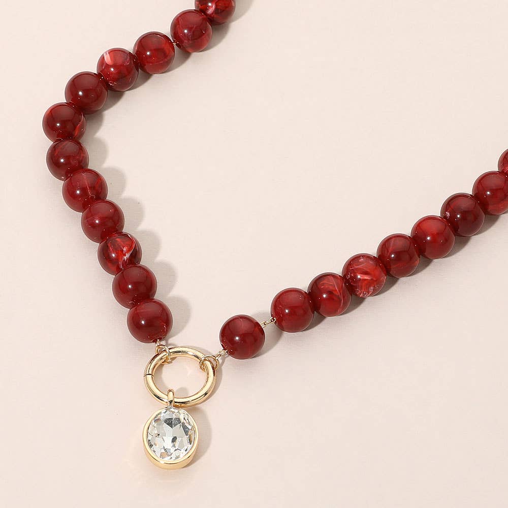 Round Stone Bezel Charm Pendant Beaded Necklace: Blue
