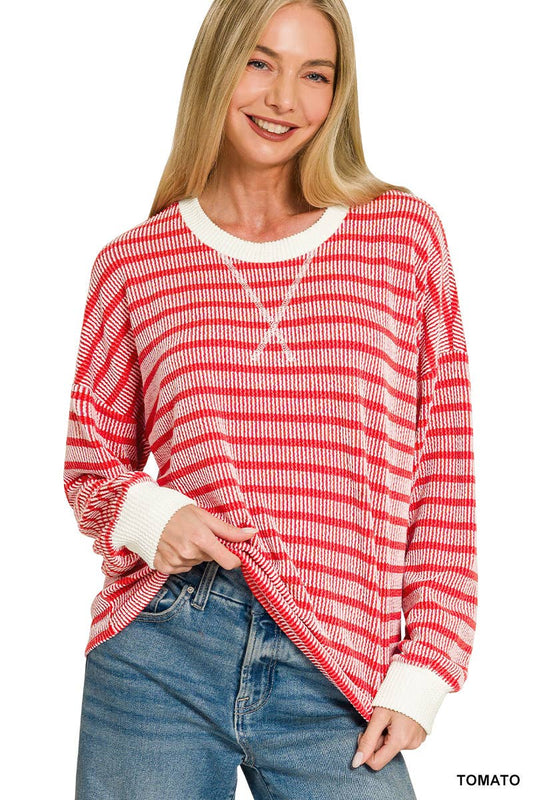Raised Rib Striped Round Neck Pullover-RED
