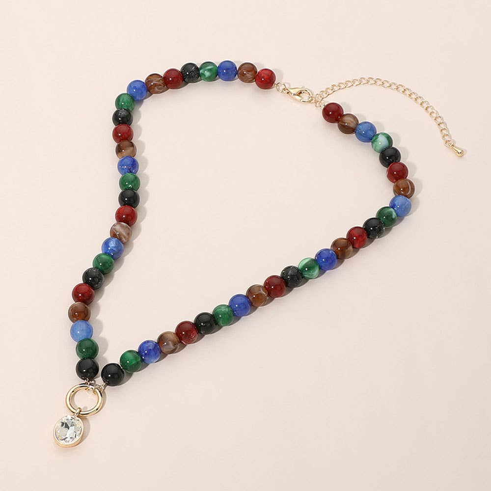 Round Stone Bezel Charm Pendant Beaded Necklace: Brown