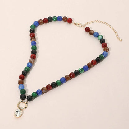 Round Stone Bezel Charm Pendant Beaded Necklace: Brown