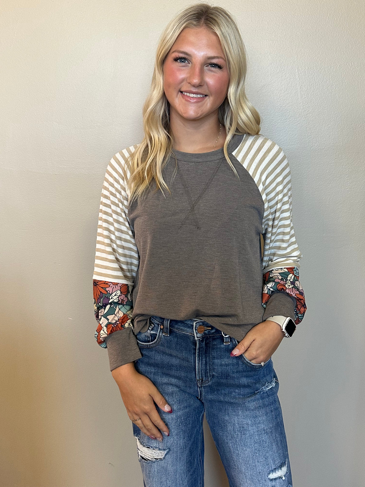 Stripe & Floral Contrast Raglan Top