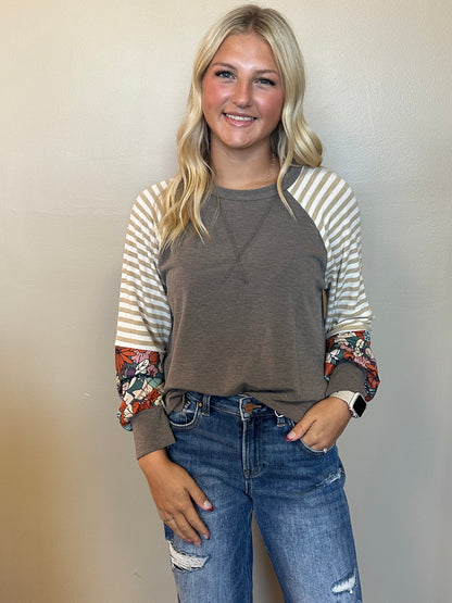 Stripe & Floral Contrast Raglan Top