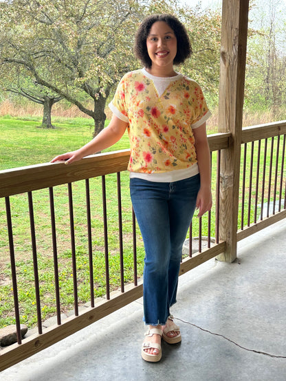 Yellow Floral Ribbed Knit Short Sleeve Top