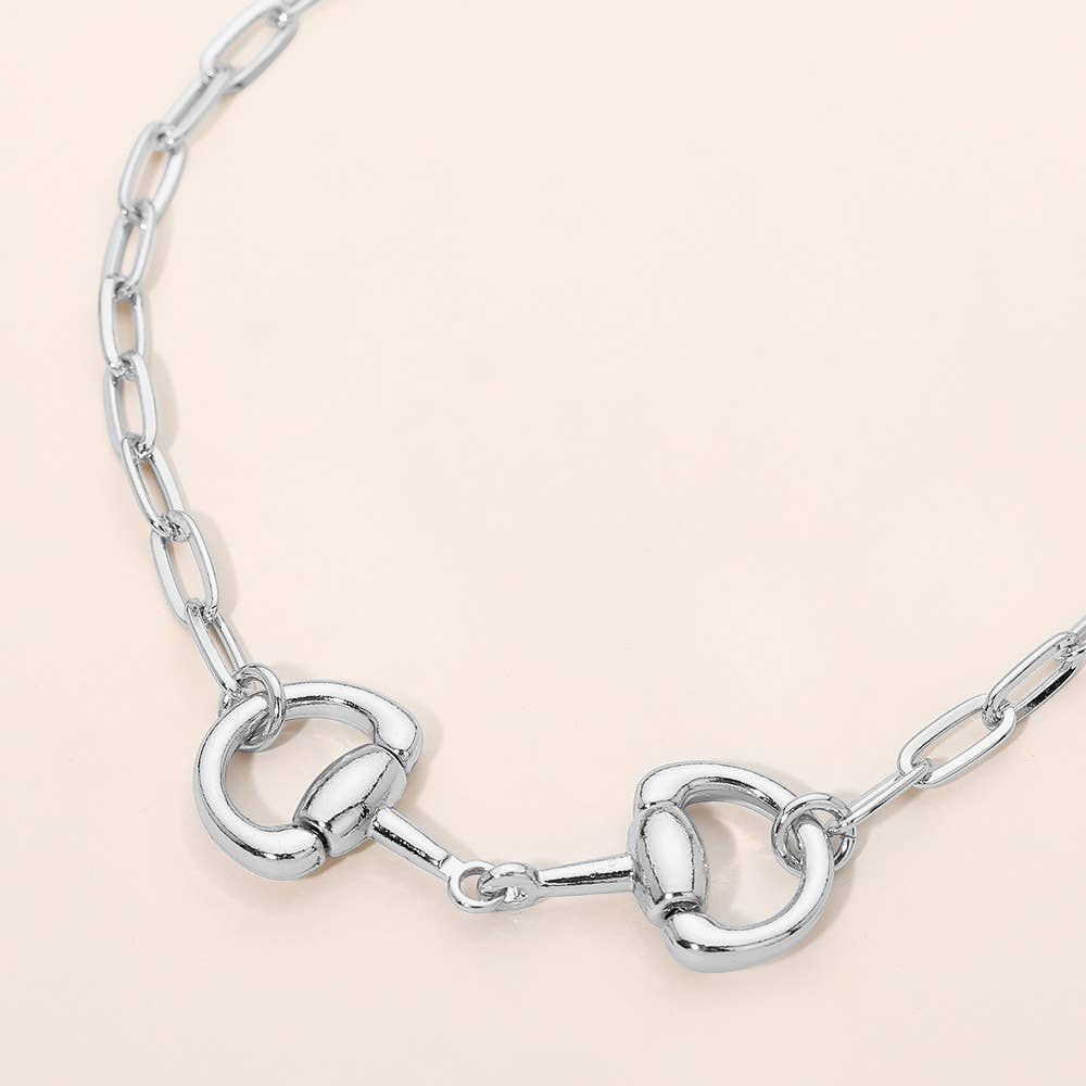 Horsebit Link Accent Paperclip Chain Necklace: Rhodium