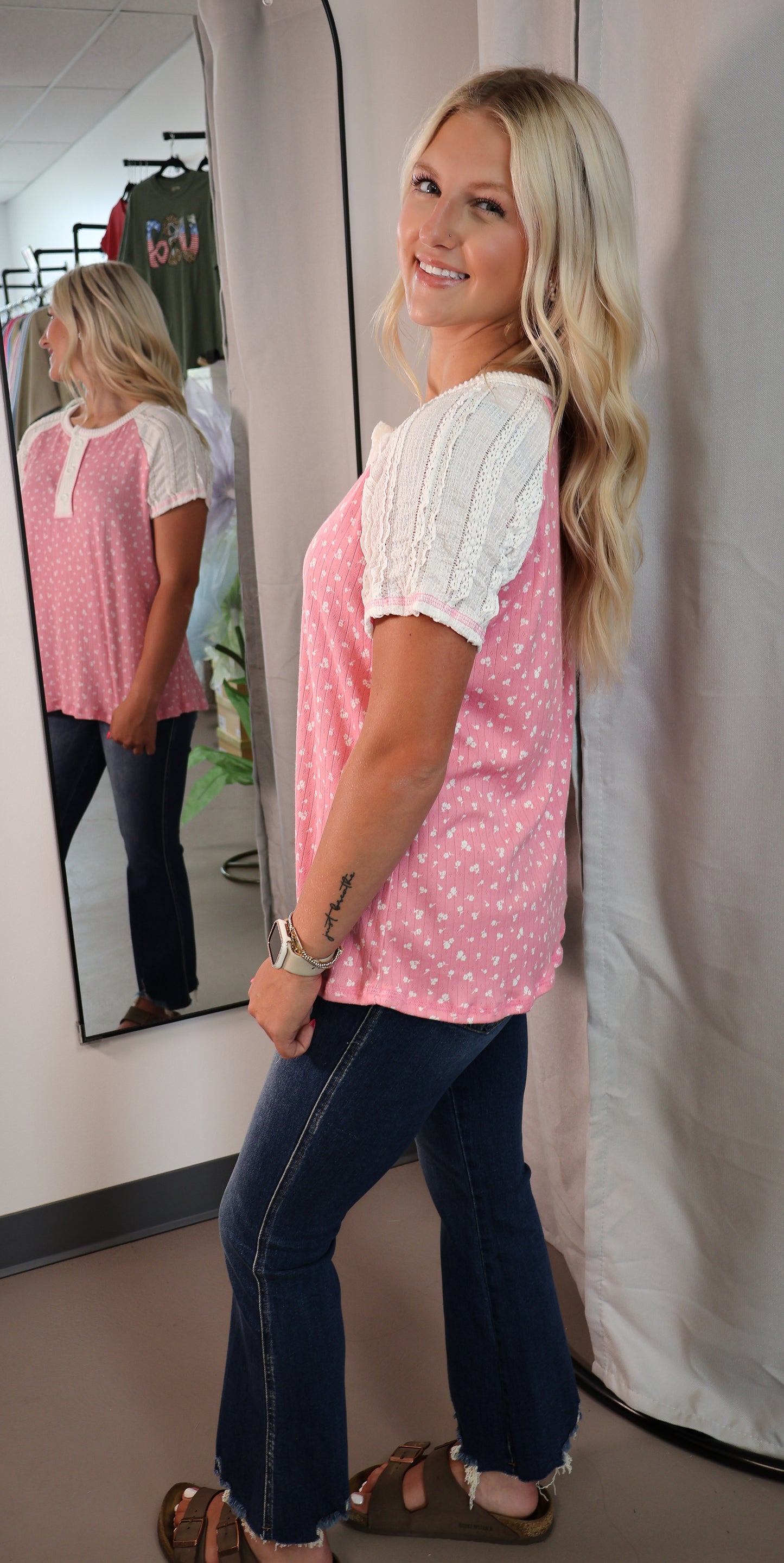 Floral Contrast Sleeve Henley Top - Pink