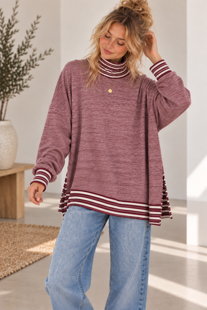 BUTTER SOFT HEATHER FLEECE MOCK NECK TUNIC STRIPE CONTRAST: Beige / 3-3;S/M-L/XL