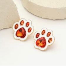 White & Orange - Enamel Stone Game Day Paw Stud Earrings