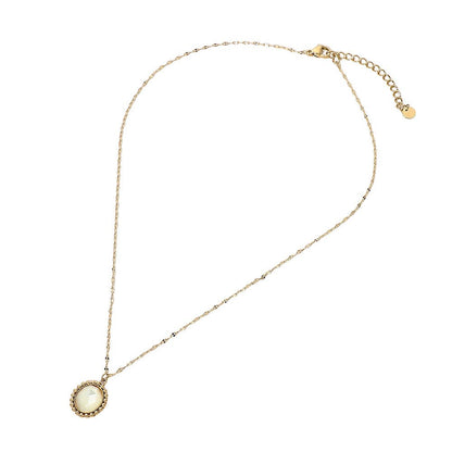 SECRET BOX_Stainless Steel Beaded Trim Oval Stone Pendant Necklace: White