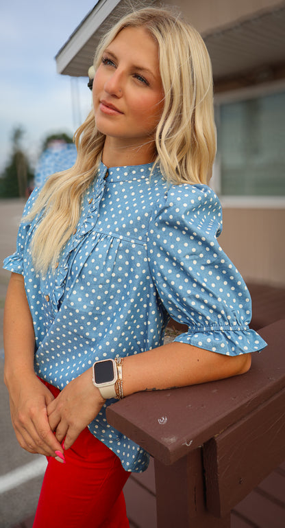 Polka Dot Ruffled Top - Light Denim