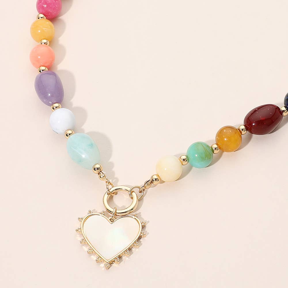 Heart Pendant Ring Accent Mixed Bead Necklace: Brown