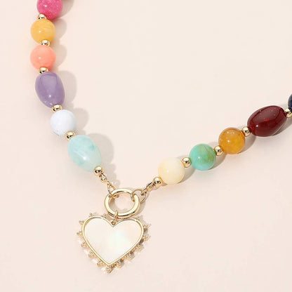 Heart Pendant Ring Accent Mixed Bead Necklace: Brown