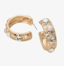 Gold - Mixed Stone Pearl Embellished Hoop Earrings