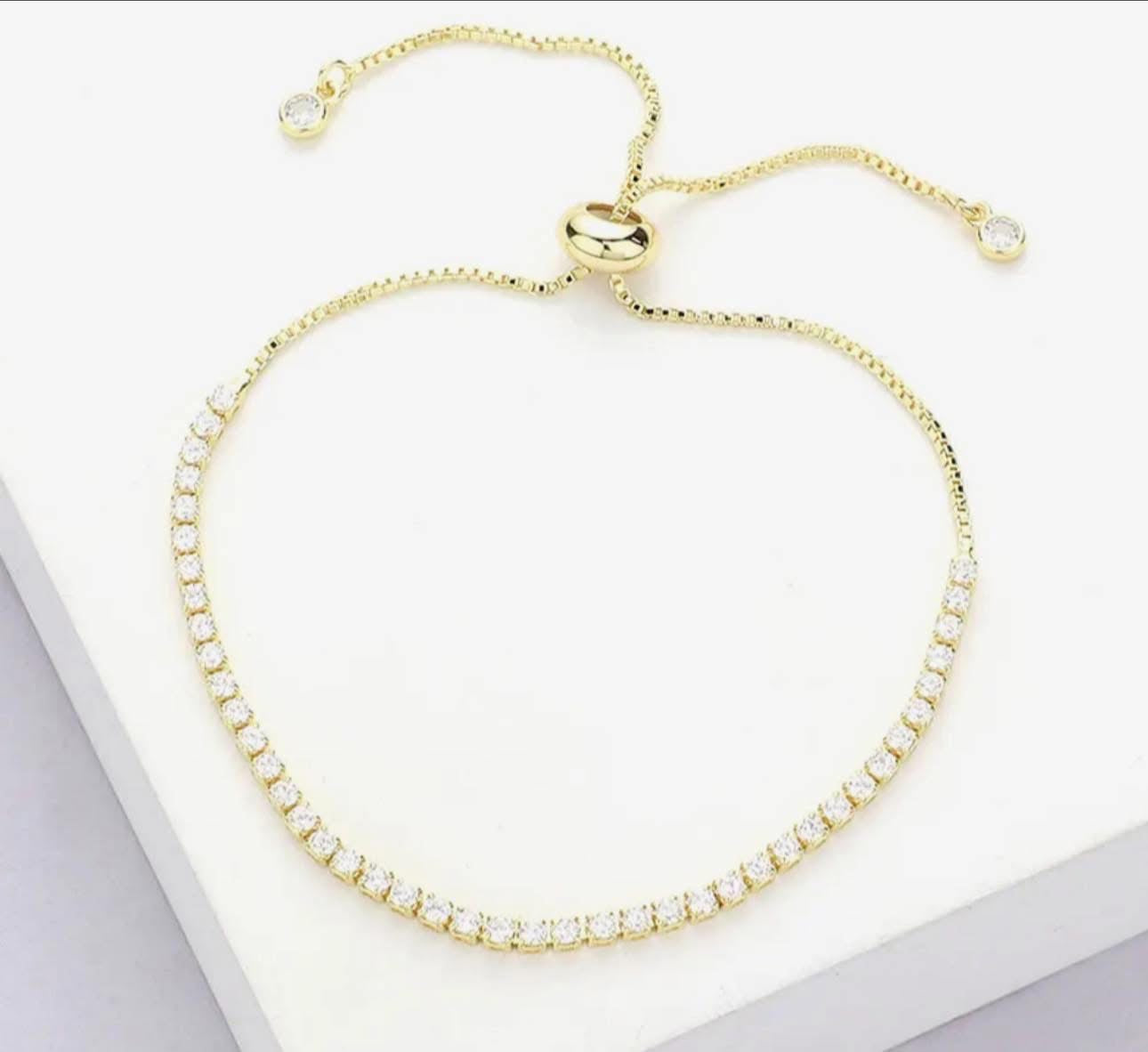 Stainless Steel Cz Stone Tennis Chain Pull Tie Adjustable Bracelet -Gold