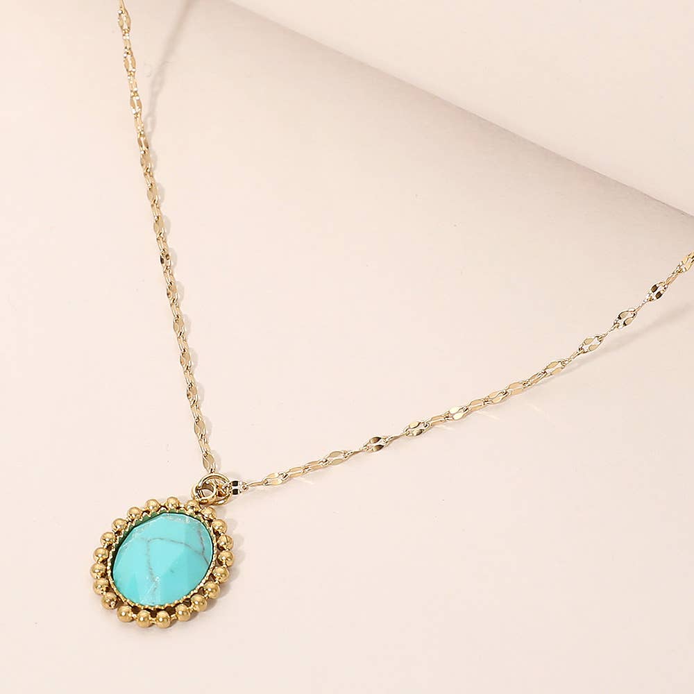 SECRET BOX_Stainless Steel Beaded Trim Oval Stone Pendant Necklace: Black