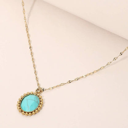 SECRET BOX_Stainless Steel Beaded Trim Oval Stone Pendant Necklace: Black
