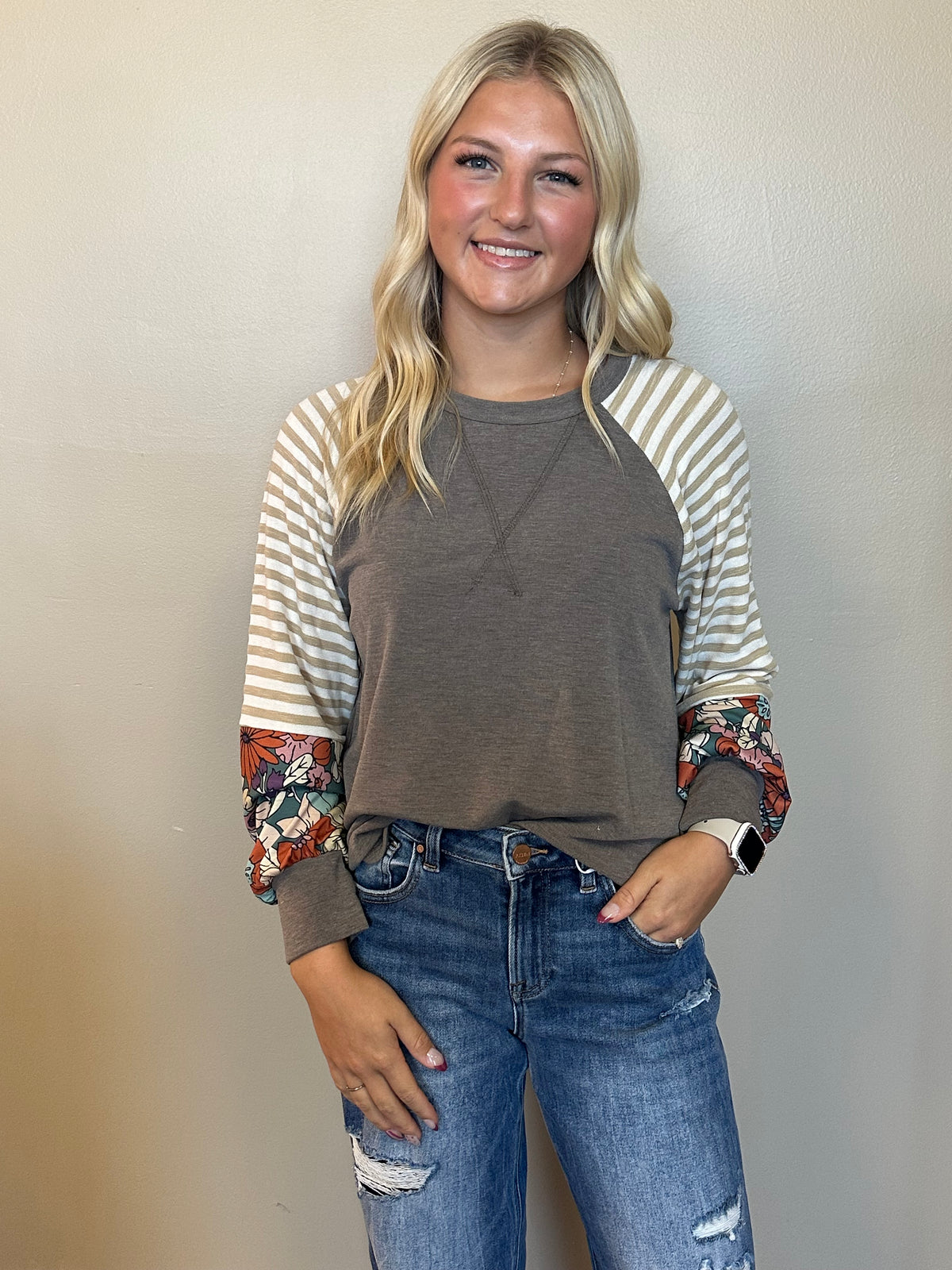 Stripe & Floral Contrast Raglan Top