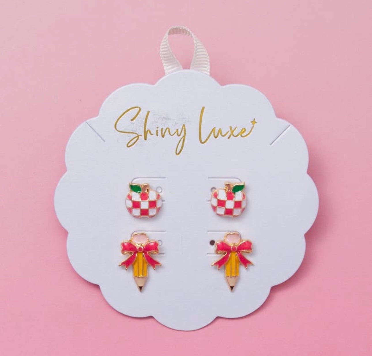 Pencil & Checkered Apple Post Earrings