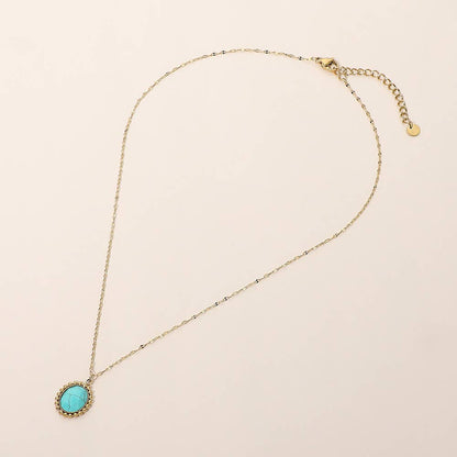 SECRET BOX_Stainless Steel Beaded Trim Oval Stone Pendant Necklace: White