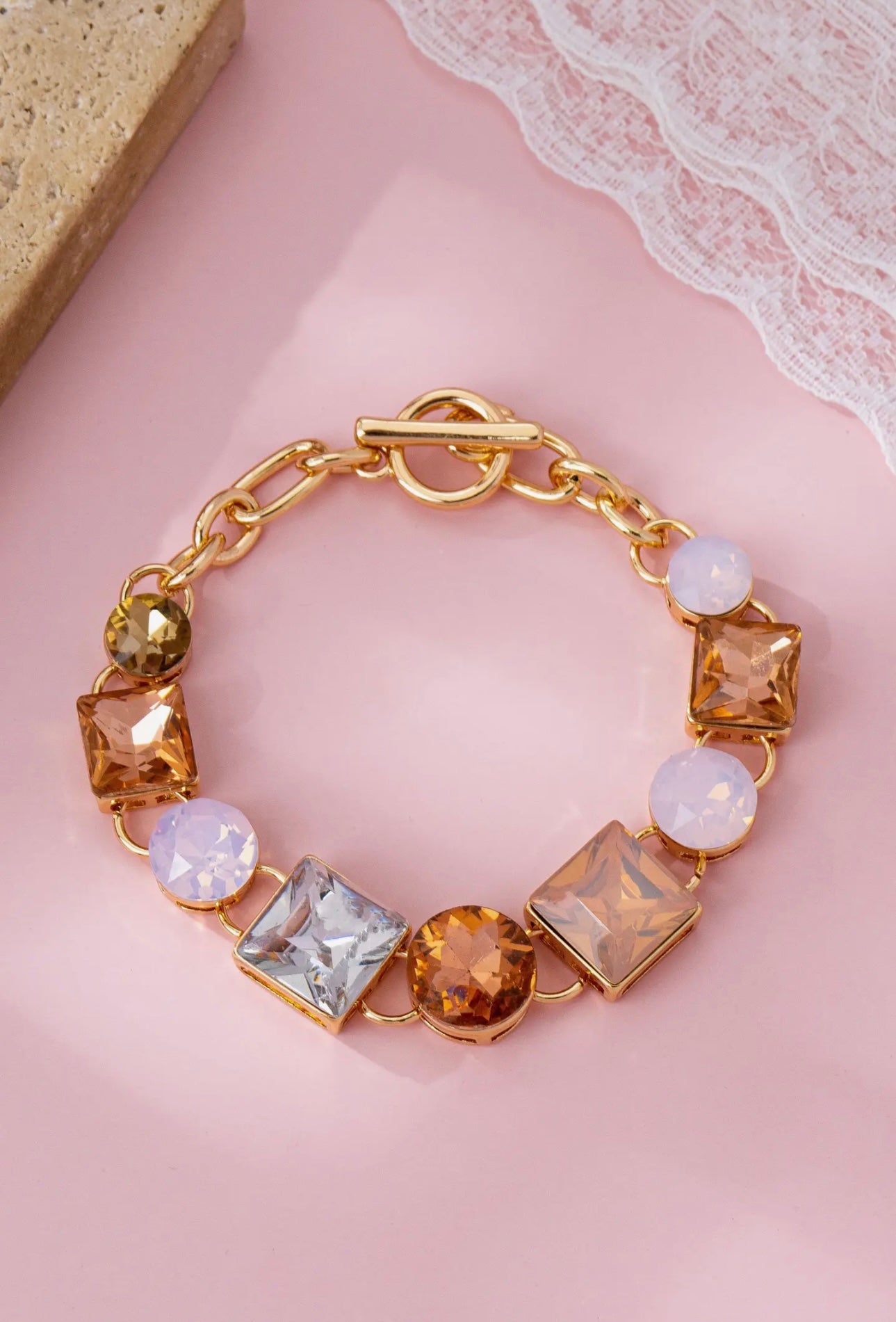 Pastel Multi- Crystal Gold Link Toggle Bracelet