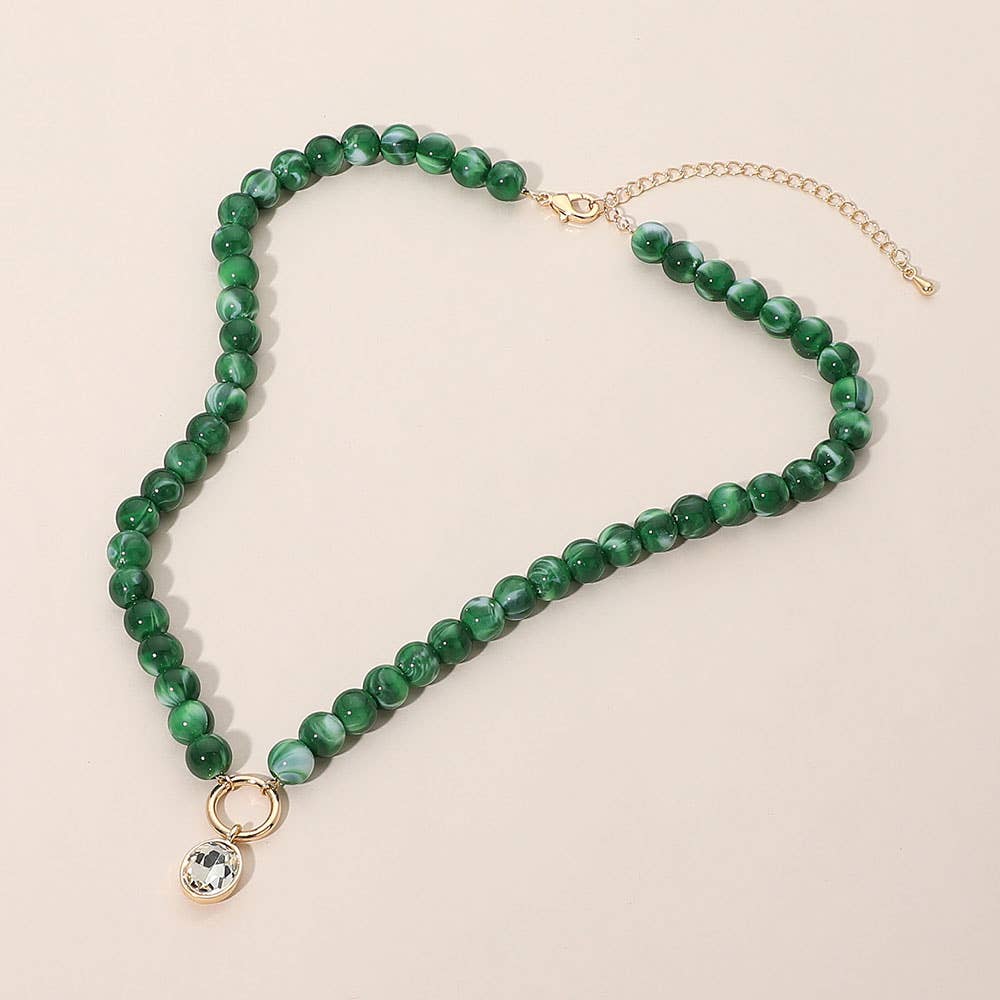 Round Stone Bezel Charm Pendant Beaded Necklace: Multi