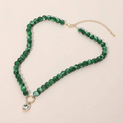 Round Stone Bezel Charm Pendant Beaded Necklace: Multi