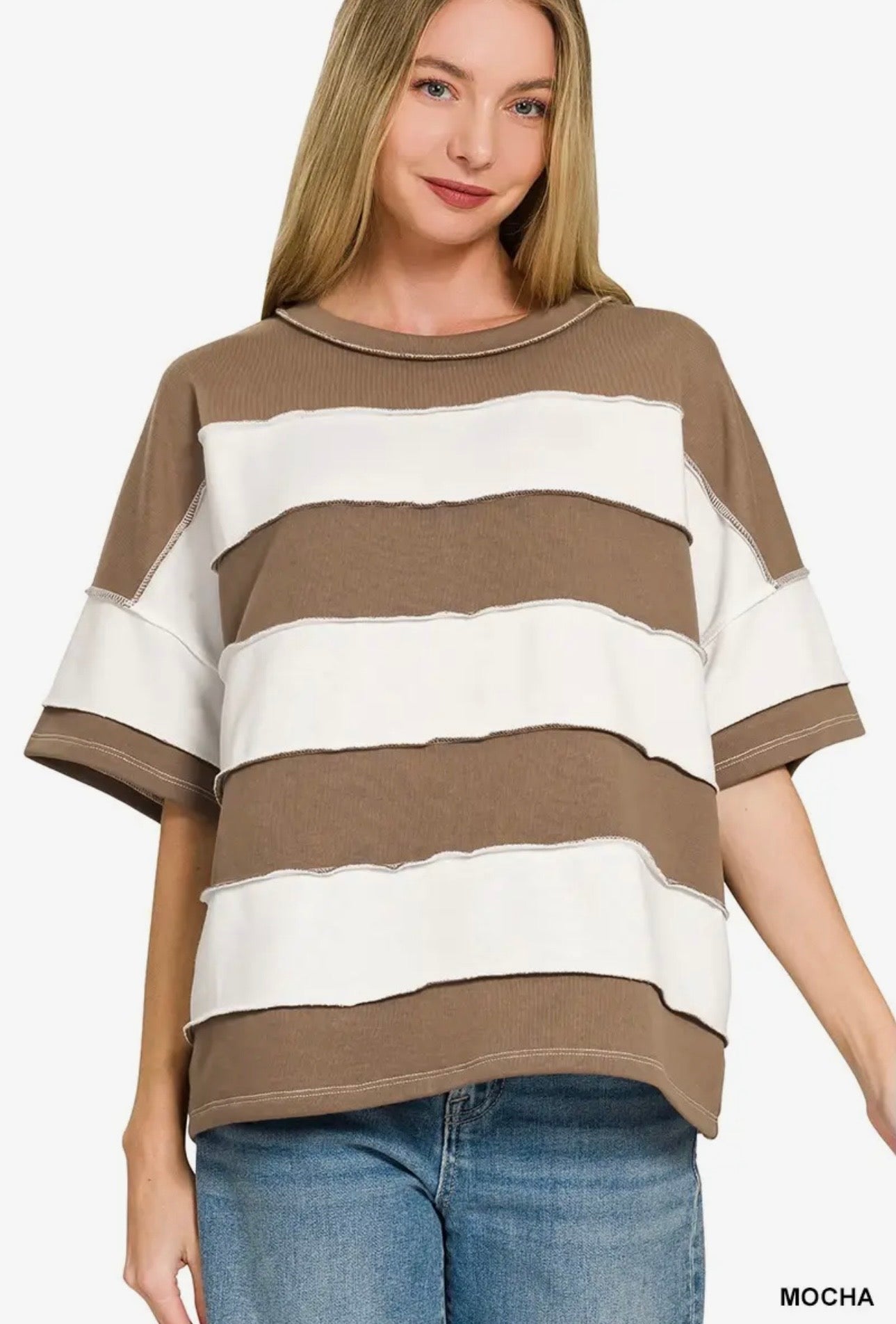 Zenana French Terry Striped Exposed Seam Top-Mocha