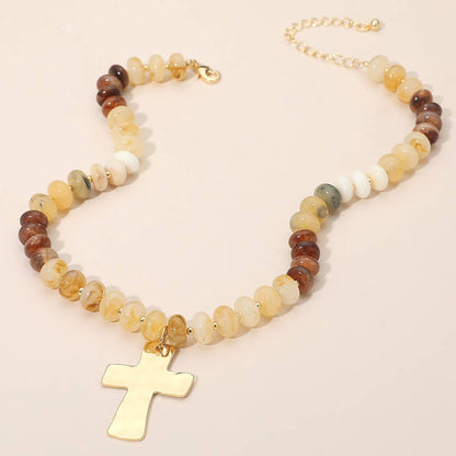 18K Gold Dipped Hammered Cross Plate Pendant Chunky Resin Disc Beaded Necklace: Fuchsia,Gold