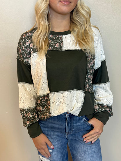 Olive Floral & Lace Patchwork Color Block Top