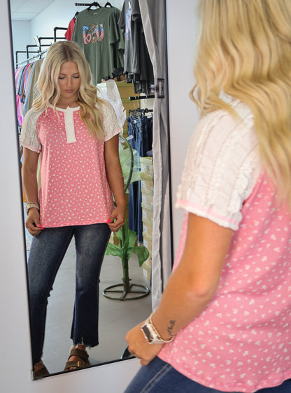 Floral Contrast Sleeve Henley Top - Pink