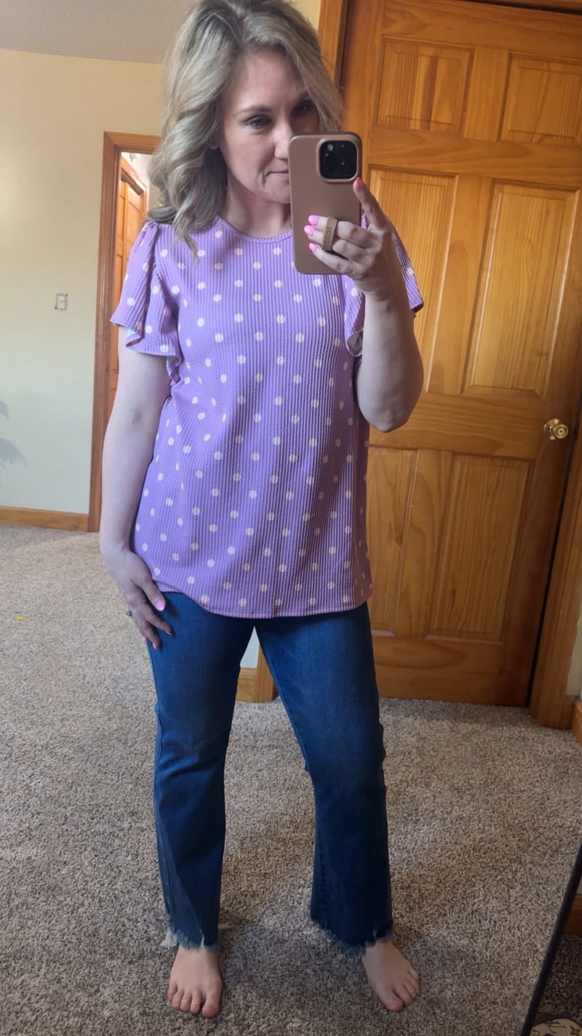 Lavender with Peach Polka Dots Ruffle Sleeve Top