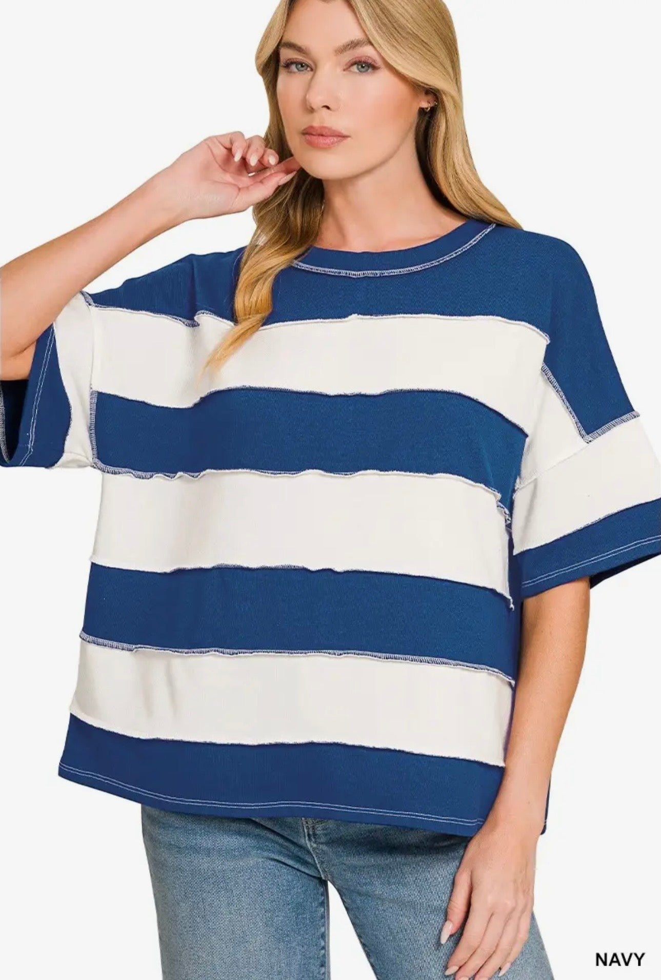 Zenana French Terry Striped Exposed Seam Top-Navy