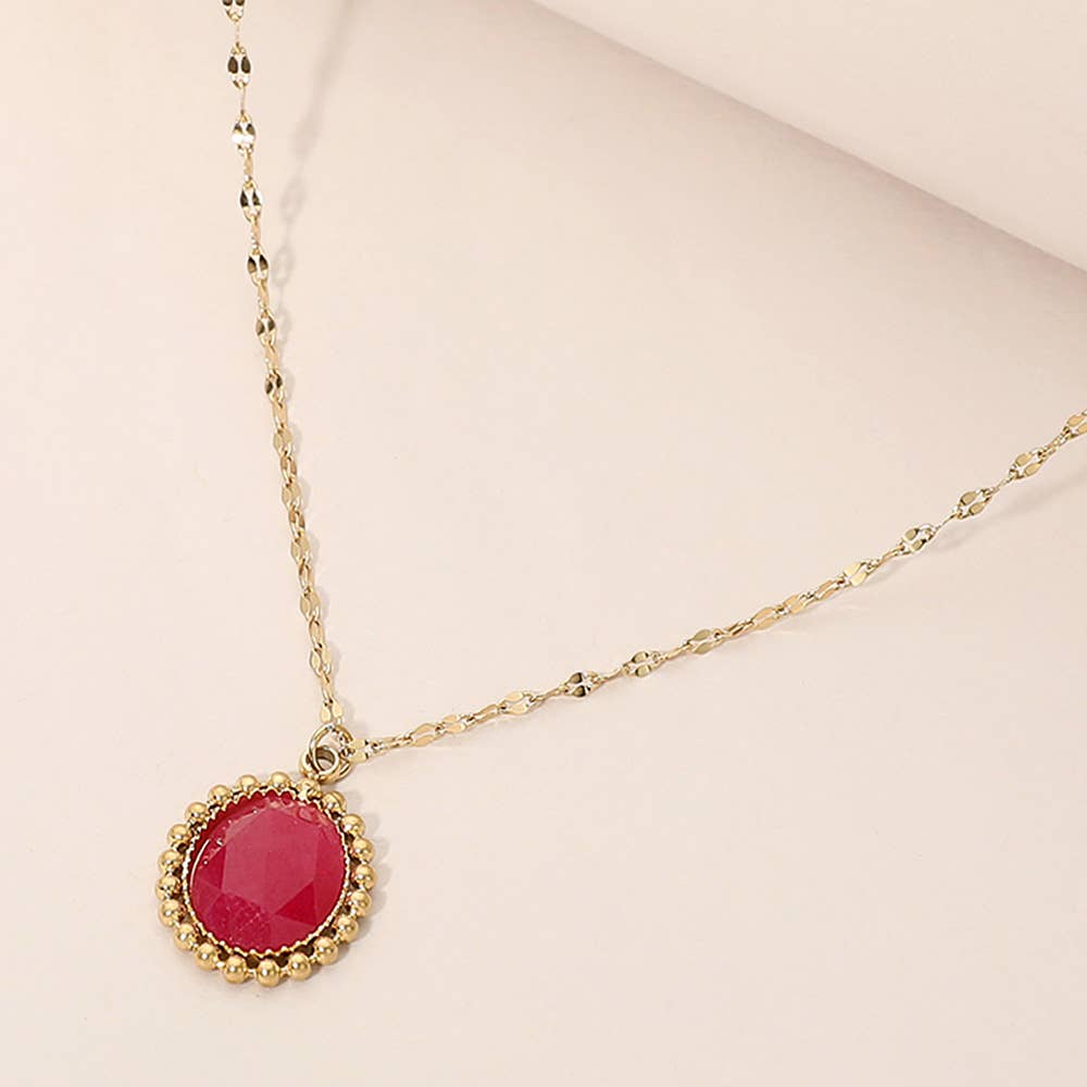 SECRET BOX_Stainless Steel Beaded Trim Oval Stone Pendant Necklace: Black