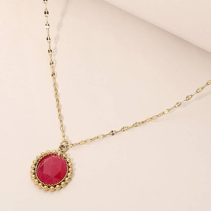 SECRET BOX_Stainless Steel Beaded Trim Oval Stone Pendant Necklace: Black