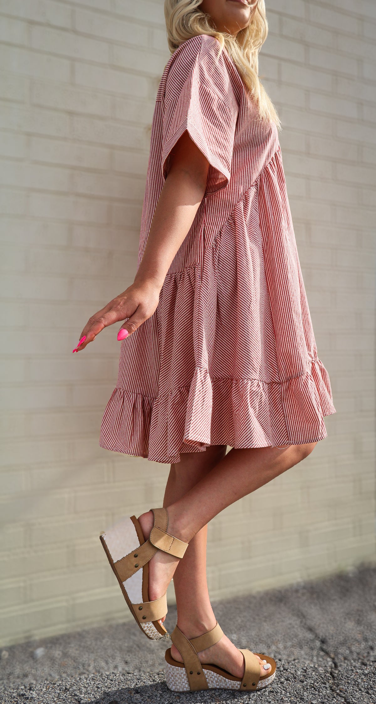 Red V-Neck Striped Tiered Baby Doll Dress