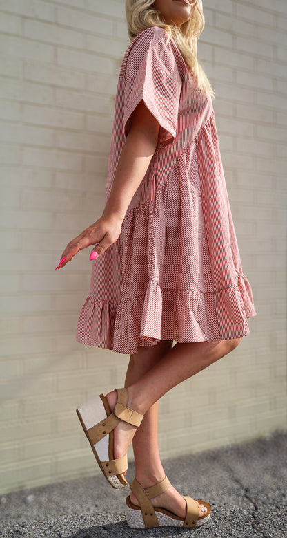 Red V-Neck Striped Tiered Baby Doll Dress