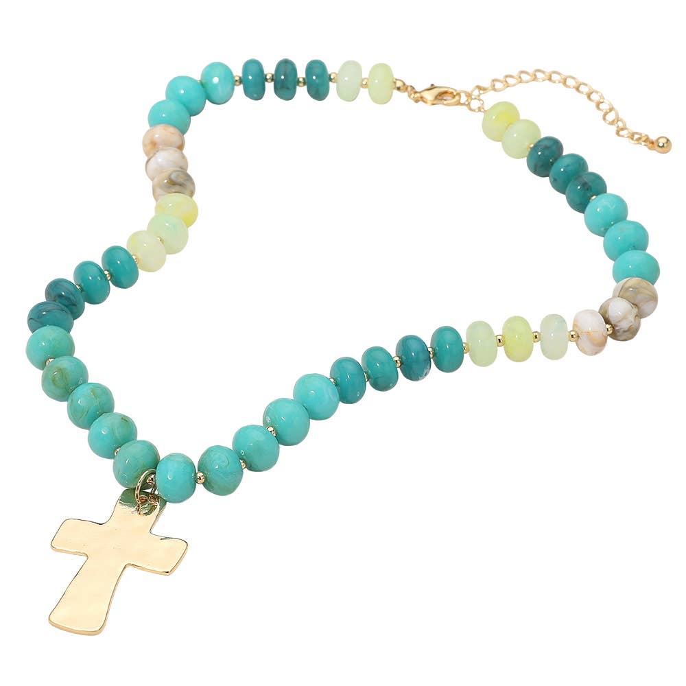 18K Gold Dipped Hammered Cross Plate Pendant Chunky Resin Disc Beaded Necklace: Fuchsia,Gold