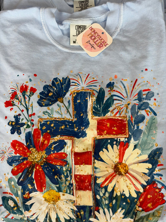 Cross & Flowers - Red, White, and Blue - CC TEE