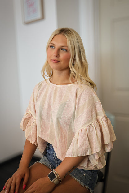 Wild Ruffle Embellished Sleeve Flowy Striped Top