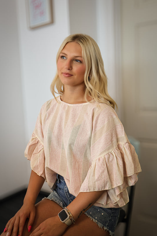 Wild Ruffle Embellished Sleeve Flowy Striped Top