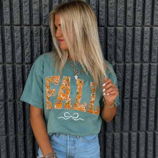 Embroidered Bow Fall Floral Comfort Color Tshirt